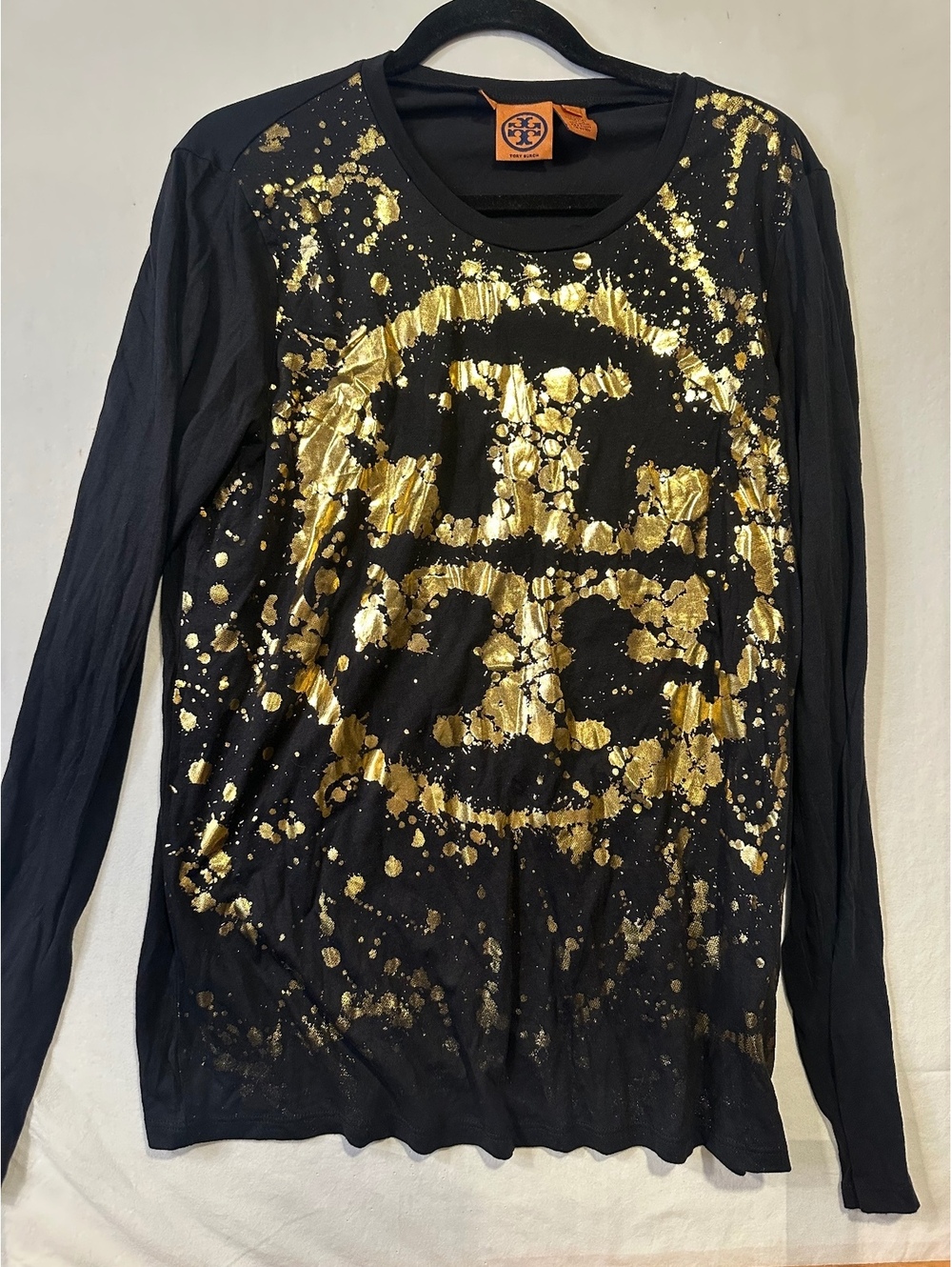 Tory Burch Gold Foil Double T Logo Long Sleeve Shirt Black Women’s XL
